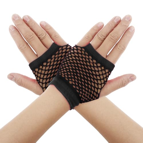 Lusofie Fingerlose Netzhandschuhe Neon Schwarz für Damen 80er 90er Jahre Fishnet Modische Fischnetz Handschuhe für Halloween Cosplay Zubehör Netzhandschuhe Stulpen Schwarz Neon Party Accessoires von Lusofie