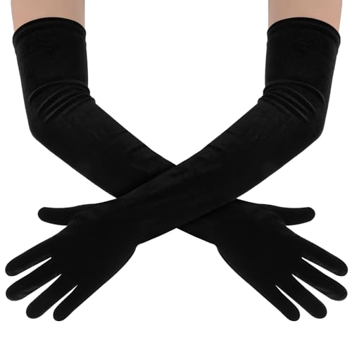 Lusofie Handschuhe Lang Schwarz Samt Damen Samthandschuhe Schwarze Handschuhe Kostüm der 1920er Jahre Opernhandschuhe für Damen Schwarze Brauthandschuhe Hochzeitshandschuhe von Lusofie