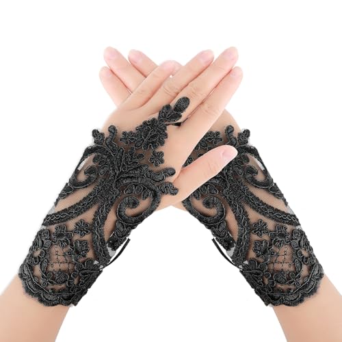 Lusofie Kurze Fingerlose Handschuhe Damen Elegante Formelle Teeparty Spitzenhandschuhe Schwarz Brautbankett Abschlussballkleid Opernspitze Weiche Atmungsaktive Party Brauthandschuhe von Lusofie