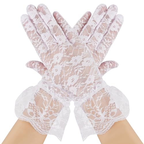 Lusofie Kurze Spitzenhandschuhe Weiß für Teeparty Handgelenklänge Blumenhandschuhe Damen für Braut Hochzeit Opernball Halloween Cosplay Handschuhe Hochzeit Spitze von Lusofie