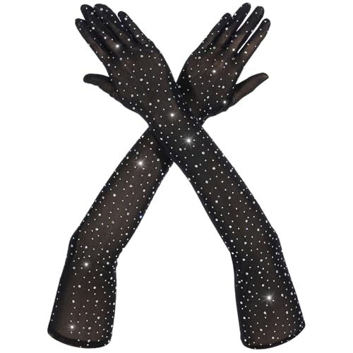 Lusofie Lange Handschuhe Schwarz Mit Strass Opern TüLl Damen Handschuhe Tea Party KostüMe Damen Brauthandschuhe Glitzernde Netzhandschuhe 20er Jahre Accessoires Abschlussball Halloween Hochzeit von Lusofie