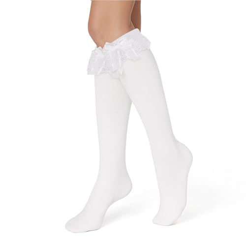 Lusofie Lolita Socken Weiß Mädchen Süße Spitze Socken mit Rüschen Damen Gekräuselte Schleife Kniehohe Socken mit Schleife Mädchen Prinzessin Loli Rüschensocken Weiße Schleife Kniestrümpfe Kinder von Lusofie