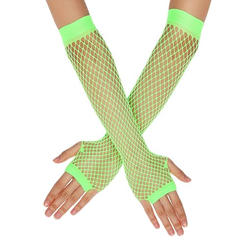 Lusofie Netzhandschuhe Leuchtendes Grün Mesh Fishnet Handschuhe Lang Fingerlos Netzhandschuhe 80er Jahre Kostüm Mottoparty Spitzenhandschuhe Halloween Neon Party Accessoires Damen 90er von Lusofie