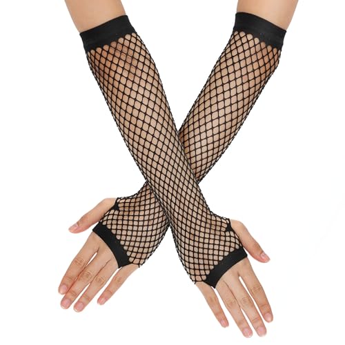 Lusofie Netzhandschuhe Schwarz Mesh Fishnet Handschuhe Lang Fingerlos Netzhandschuhe 80er Jahre Kostüm Mottoparty Rosa Spitzenhandschuhe Halloween Neon Party Accessoires Damen 90er von Lusofie