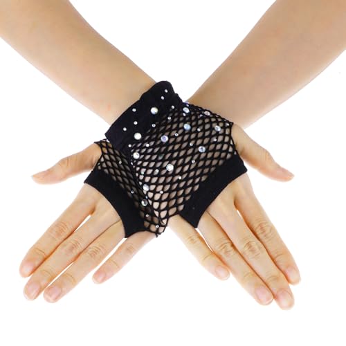Lusofie Netzhandschuhe mit Strasssteinen Damen 90er Kurze Nylon 80er Jahre Partyzubehör Netz Fingerlose Fischnetz Handschuhe für Cosplay Halloween Netz Stulpen Pinke Neon Party Accessoires von Lusofie