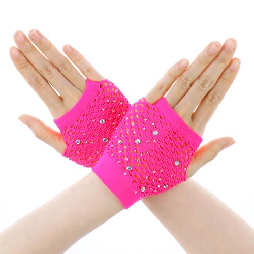 Lusofie Netzhandschuhe mit Strasssteinen Damen 90er Kurze Nylon 80er Jahre Partyzubehör Netz Fingerlose Fischnetz Handschuhe für Cosplay Halloween Netz Stulpen Pinke Neon Party Accessoires von Lusofie