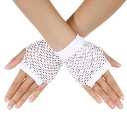 Lusofie Netzhandschuhe mit Strasssteinen Damen 90er Kurze Nylon 80er Jahre Partyzubehör Netz Fingerlose Fischnetz Handschuhe für Cosplay Halloween Netz Stulpen Pinke Neon Party Accessoires von Lusofie