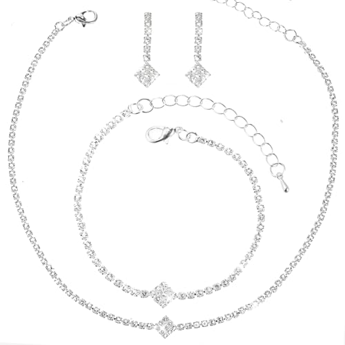 Lusofie Schmuck Set Für Damen Mit Strass Halskette Ohrringen Und Armband Silber Elegante Kristall Brautschmuck Set Hochzeits Allergenfrei Modeschmuck Für Bräute Brautjungfern Mädchen von Lusofie