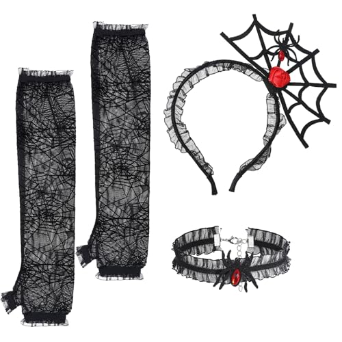 Lusofie Spinnennetz Handschuhe Haarreif Spinne für Damen Halloween Langärmliges Spitzenhalsband Schwarz Spinnen Haarband Halloween Kostüm Spinne Stirnband Zubehör Cosplay Party von Lusofie