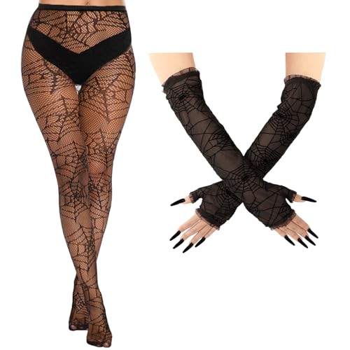 Lusofie Spinnennetz Handschuhe Tights Strümpfe Armstulpen Gothic Halloween Snake Tights Strumpfhosen für Damen Spinnennetz Armschützer Halloween Hexenkostüm Zubehör von Lusofie