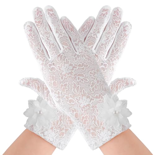 Lusofie Spitzen Handschuhe Kurze Weiß für Damen Elegante Kurze Handschuhe Spitze Dehnbare Handgelenklange mit Touchscreen für Halloween Braut Opernball Sommer Sonnenschutz UV Fahrhandschuhe von Lusofie