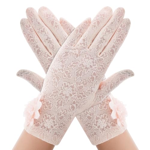 Lusofie Spitzenhandschuhe Rosa für Damen Elegante Kurze Handschuhe Spitze Dehnbare Handgelenklange mit Touchscreen für Halloween Braut Opernball Sommer Sonnenschutz UV Fahrhandschuhe von Lusofie