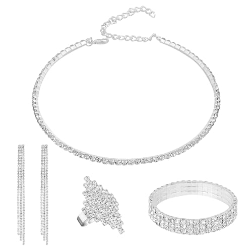 Lusofie Strass-Schmuckset für Damen Strass-Halskette Armband Strass-Ohrringe Baumelnder Abschlussball Schmucksets Diamant-Halskette für Frauen Hochzeit Brautparty (Silbernes 3-teiliges Schmuckset) von Lusofie