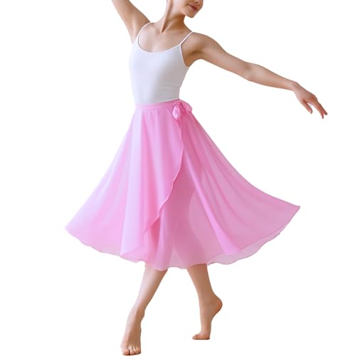 Lusofie Tüllrock Lang Rosa Ballett Chiffon Wickelrock Tanz Damen Langer Tanzrock Transparenter Ballettrock Tutu Ballett Chiffonrock mit Verstellbarem Gürtel Tanzrock Damen Balette Kleidung Mädchen von Lusofie