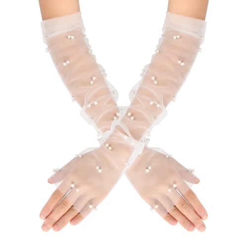 Lusofie Weiße Handschuhe Lang Damen Fingerlose Netzhandschuhe Perlen Transparent Tüllhandschuhe Brauthandschuhe Damen Hochzeit Teeparty Halloween Cosplay Zubehör Handschuhe Weiß Lang von Lusofie