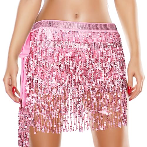 Pailettenrock für Damen Rosa Quastenrock Bauchtanz Hüfttuch Federrock Glänzender Pailletten Rock Quaste Karnevalsrock Quasten Bauchtanz Kostüm Mädchenröcke Rave Outfit Damen Belly Dancer von Lusofie