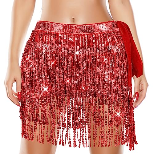 Quasten Pailettenrock Mädchen Schwarz Silber Rosa Steampunk Quastenrock Bauchtanz Hüftschal Quaste Pailletten Rock Quastenkarnevalsrock Röcke Rave Outfit Bauchtanz Kostüm Damen Belly Dancer (Rot) von Lusofie