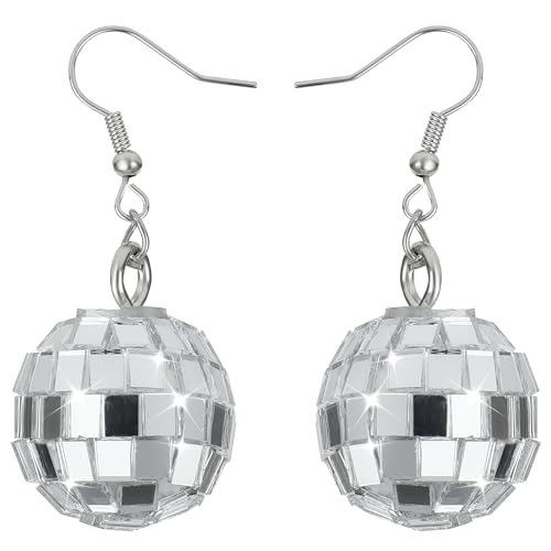 Discokugel Ohrringe Silber 80er-Jahre Disco Kugel Ohrringe Punk Discokugel Schmuck Ohrringe für Damen und Mädchen Retro Disco Motto Party Kostüm Zubehör von Lusofie