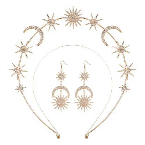 Sternen Halo Krone Ohrring Set Gold Goddess Crown With Earrings Sterne Kristall Göttin Stirnband Stern Ohrringen Glitzernder Metall Kopfschmuck Für Frauen Braut Hochzeit Kostüm Cosplay Party von Lusofie