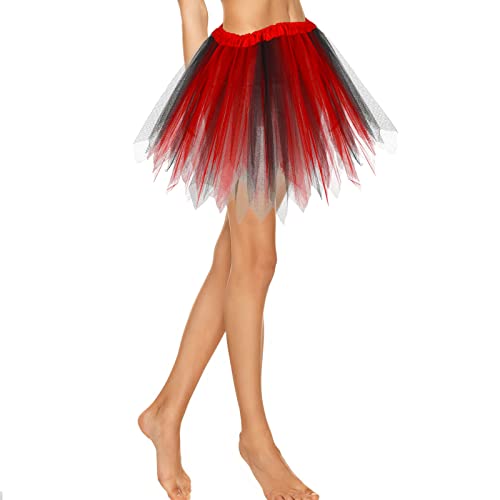 Tüllrock Tütü Damen Classic Stretch Tutu 3 Lagig Transparenter Prinzessin Tanzrock Ballett Rock Dirndl Damen Kurz Tüllrock Schwarz Rot Ballettkleid Damen 80er Rock Jahre Outfit Damen Party Zubehör von Lusofie