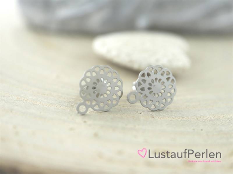 2x Edelstahl Ohrstecker Mandala 10x13 Mm Mit Stopper Silberfarben, Rohling Für Ohrringe von LustaufPerlen