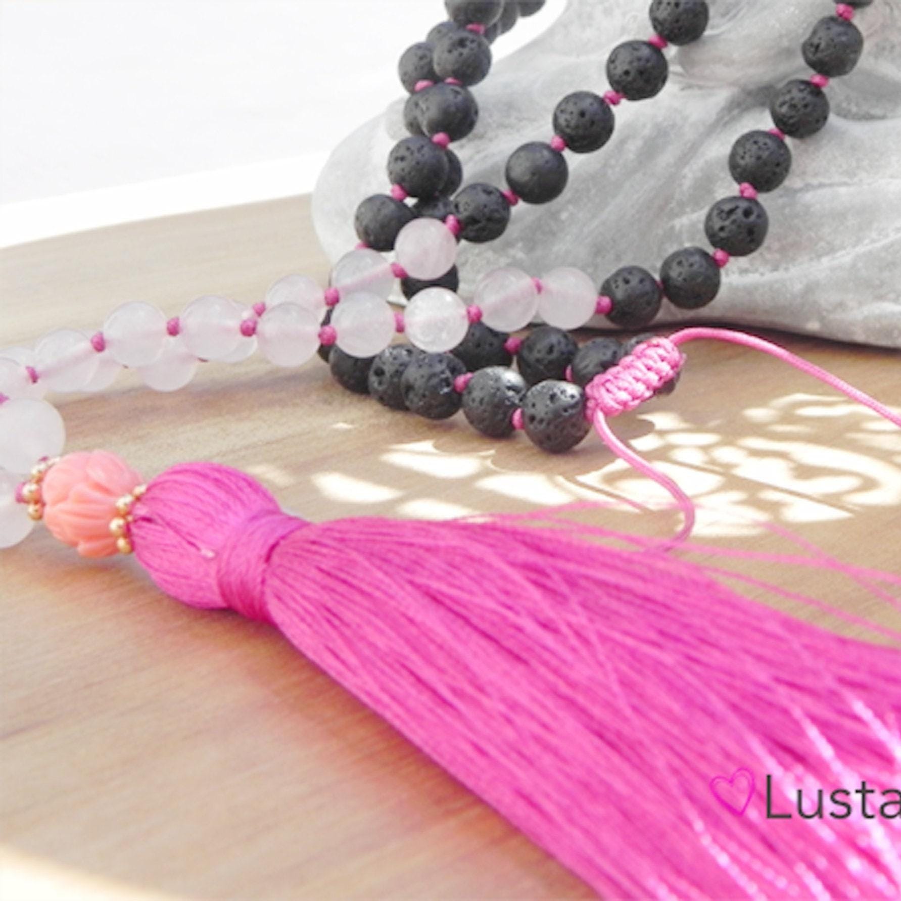 Rosenquarz Und Lava Mala, 108 Perlen Lotus Kette Gebetskette, Yoga Hamsa, Mala Handgeknüpft von LustaufPerlen