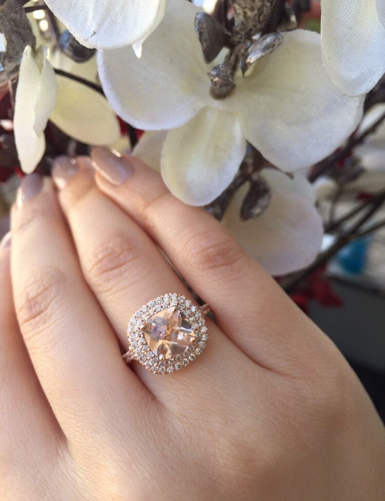 14K Rose Gold, Kissen Geschnitten Kariert Morganit Ring Mit Diamanten Steine Stil # L-4999 von LusterLaValliere