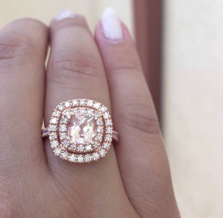 14K Rose Gold, Weißgold Kissen Kariert Geschnitten Morganit Ring Mit Doppel Diamant Heiligenschein Stil #5025 von LusterLaValliere