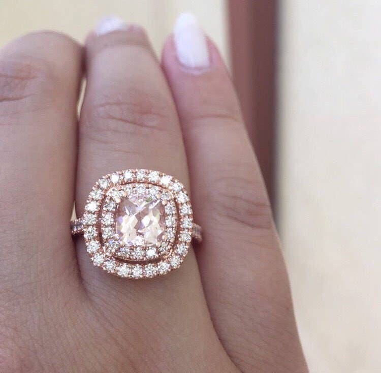 14K Rose Gold, Weißgold Kissen Kariert Geschnitten Morganit Ring Mit Doppel Diamant Heiligenschein Stil #5025 von LusterLaValliere