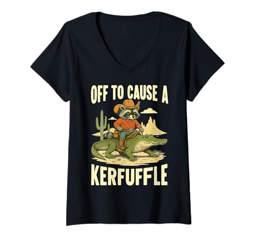 Damen Off to Cause A Kerfuffle Waschbär T-Shirt mit V-Ausschnitt Damen Off to Cause A Kerfuffle Waschbär T-Shirt mit V-Ausschnitt von Lustig Aufregung Waschbär meme Wild
