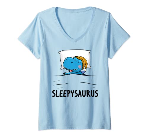 Damen Sleepysaurus Schlafshirt Schlafanzug Nachthemd Dinosaurier T-Shirt mit V-Ausschnitt von Lustig Dino Schlafoutfit schlafen Damen Pyjama