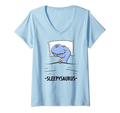 Damen Sleepysaurus Schlafshirt Schlafanzug Nachthemd Dinosaurier T-Shirt mit V-Ausschnitt von Lustig Dino Schlafoutfit schlafen Damen Pyjama