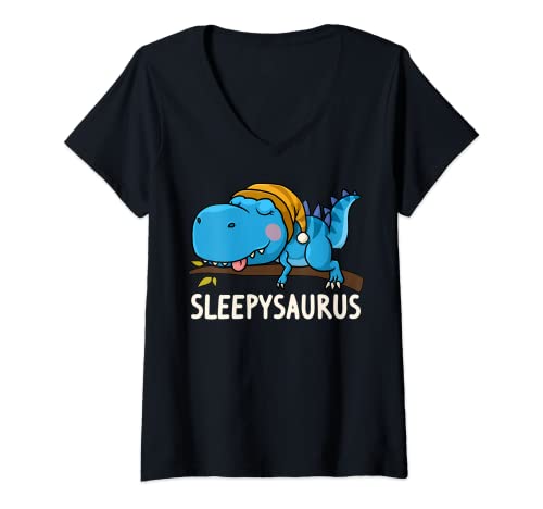 Damen Sleepysaurus Schlafshirt Schlafanzug Nachthemd Dinosaurier T-Shirt mit V-Ausschnitt von Lustig Dino Schlafoutfit schlafen Damen Pyjama