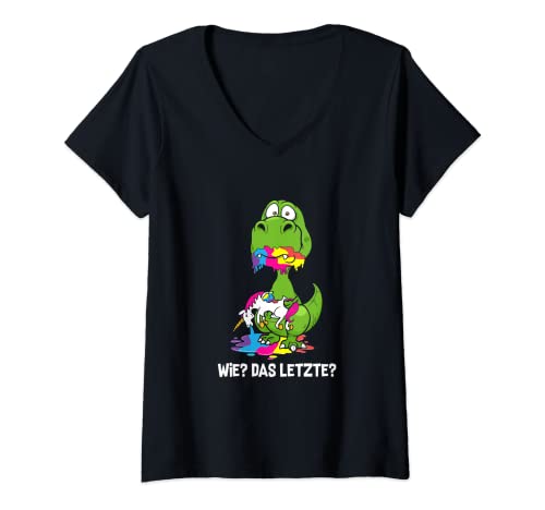 Damen Lustiger Drachen Wie Das Letzte Drache frisst Einhorn T-Shirt mit V-Ausschnitt von Süßer Drache isst das letzte Einhorn T-Shirt