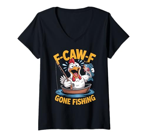 Damen F-caw-f Lustiges Huhn Angeln Humor Zitat F Caw F Meme T-Shirt mit V-Ausschnitt von Lustig Fcawf Humorvoll Huhn Vogel Angeln Liebhaber