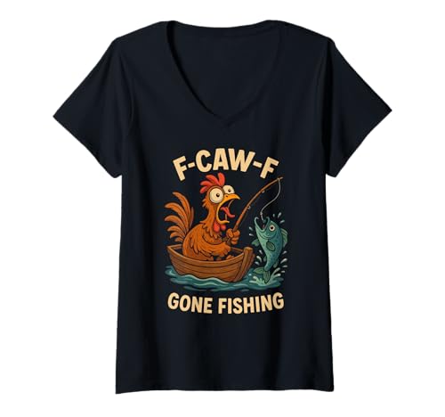 Damen F-caw-f Lustiges Huhn Angeln Humor Zitat F Caw F Meme T-Shirt mit V-Ausschnitt von Lustig Fcawf Humorvoll Huhn Vogel Angeln Liebhaber