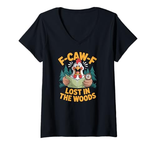 Damen F-caw-f Funny Chicken Hiking Humor Hike Quote F Caw F Meme T-Shirt mit V-Ausschnitt von Lustig Fcawf Humorvoll Huhn Vogel Berg Meme