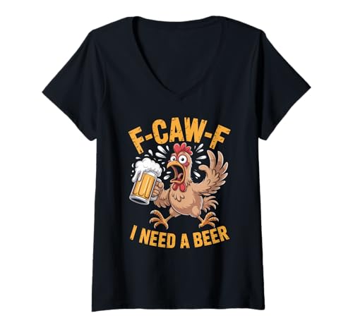 Damen F-caw-f Lustiges Huhn Braucht Bier Sarkastisches F Caw F T-Shirt mit V-Ausschnitt von Lustig Fcawf Humorvoll Huhn Vogel Bierliebhaber