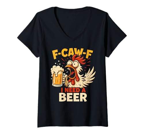 Damen F-caw-f Lustiges Huhn Braucht Bier Sarkastisches F Caw F T-Shirt mit V-Ausschnitt von Lustig Fcawf Humorvoll Huhn Vogel Bierliebhaber