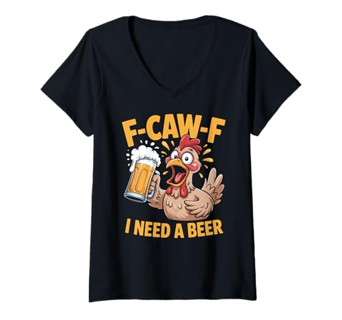 Damen F-caw-f Lustiges Huhn Braucht Bier Sarkastisches F Caw F T-Shirt mit V-Ausschnitt von Lustig Fcawf Humorvoll Huhn Vogel Bierliebhaber