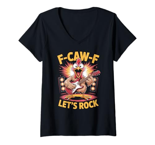Damen F-caw-f Lustiges Huhn Let's Rock Humor Zitat F Caw F Meme T-Shirt mit V-Ausschnitt von Lustig Fcawf Humorvoll Huhn Vogel Gitarre