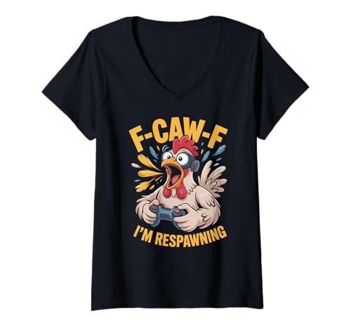 Damen F-caw-f Funny Huhn Respawning Gamer Gaming F Caw F Meme T-Shirt mit V-Ausschnitt von Lustig Fcawf Humorvoll Huhn Vogel Video Spiel Meme