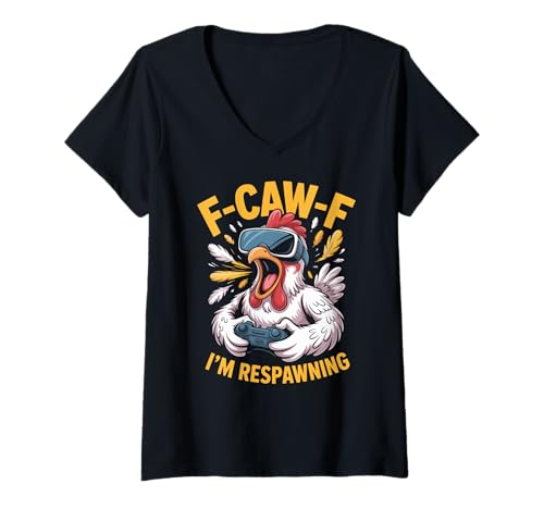 Damen F-caw-f Funny Huhn Respawning Gamer Gaming F Caw F Meme T-Shirt mit V-Ausschnitt von Lustig Fcawf Humorvoll Huhn Vogel Video Spiel Meme