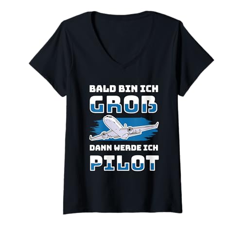 Damen Bald Bin Ich Groß Dann Werde Ich Pilot Flugzeug Kinder Shirt T-Shirt mit V-Ausschnitt Damen Bald Bin Ich Groß Dann Werde Ich Pilot Flugzeug Kinder Shirt T-Shirt mit V-Ausschnitt von Lustig Flugzeug Berufswunsch Kinder Pilot Geschenk