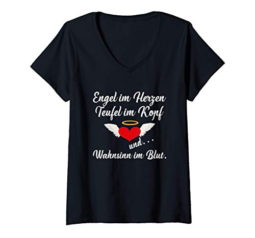Damen Engel im Herzen Teufel im Kopf und Wahnsinn im Blut Fun T-Shirt mit V-Ausschnitt von Lustig Funny Witzig Malle Ironisch JGA Spruch Mann