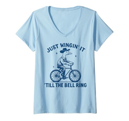 Damen Just Wingin' It Till The Bell Ring T-Shirt mit V-Ausschnitt Damen Just Wingin' It Till The Bell Ring T-Shirt mit V-Ausschnitt von Lustig Gans Meme Prokrastination