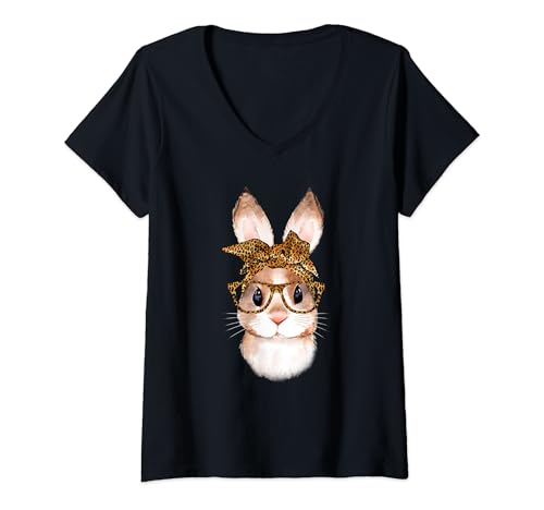 Damen Süßes Kaninchen Hase Ostern Leopard Year of the Rabbit Bunny T-Shirt mit V-Ausschnitt Damen Süßes Kaninchen Hase Ostern Leopard Year of the Rabbit Bunny T-Shirt mit V-Ausschnitt von Kaninchen Bunny Hase Geschenk T-shirt
