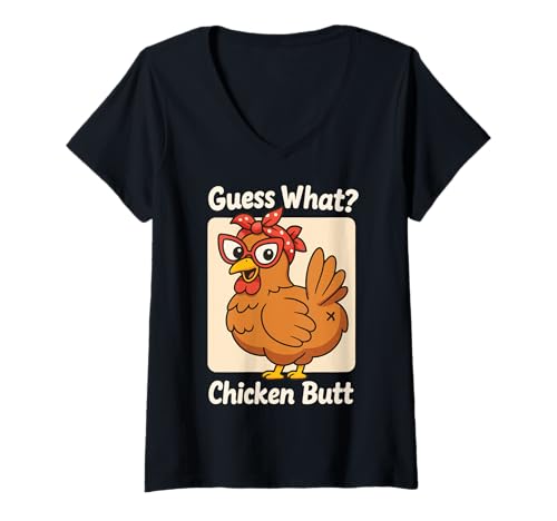 Damen Guess What Chicken Butt T-Shirt mit V-Ausschnitt von Lustig Huhn Bauer Landwirtschaft