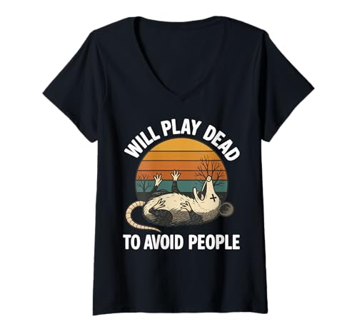 Damen Will Play Dead to Avoid PeopleBeutelratte T-Shirt mit V-Ausschnitt von Lustig Introvertiert Stubenhocker Meme Opossum
