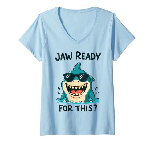 Damen Jaw Ready for This? T-Shirt mit V-Ausschnitt von Lustig Kiefer Ozean Hai